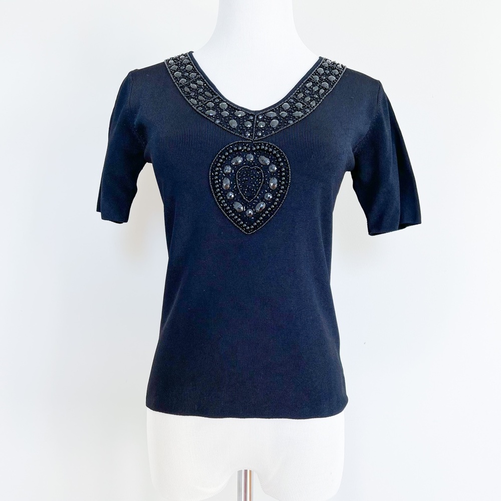 Loulou Knit Stretch Beaded Top Short Sleeve V-Neck Small